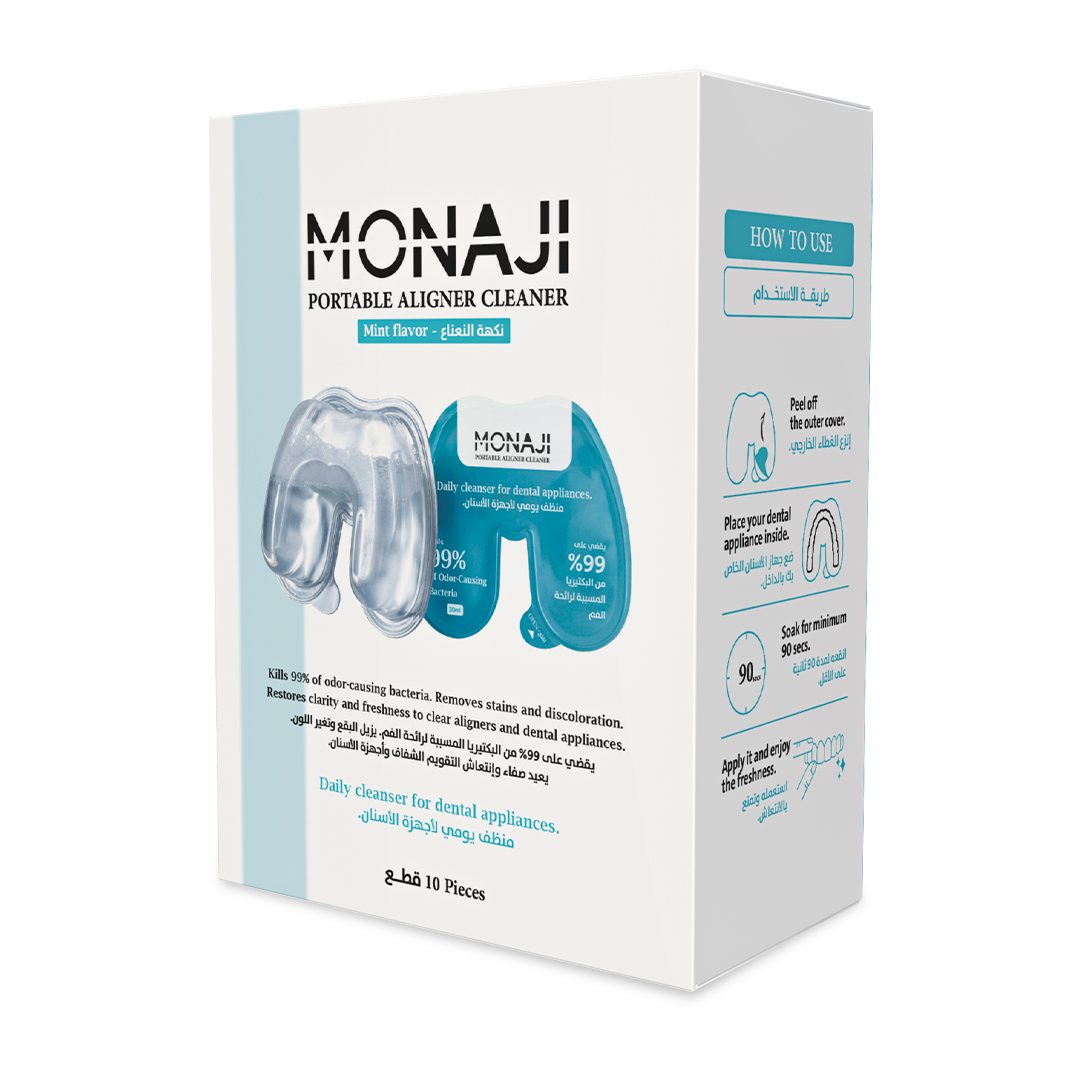 منظف الأجهزة السنية المحمول من Monaji 30 مل | علبة 10 كبسولات | Monaji Portable Aligner Cleaner 30ml Pods | Box of 10 | صورة المنتج 1 / Product image 1