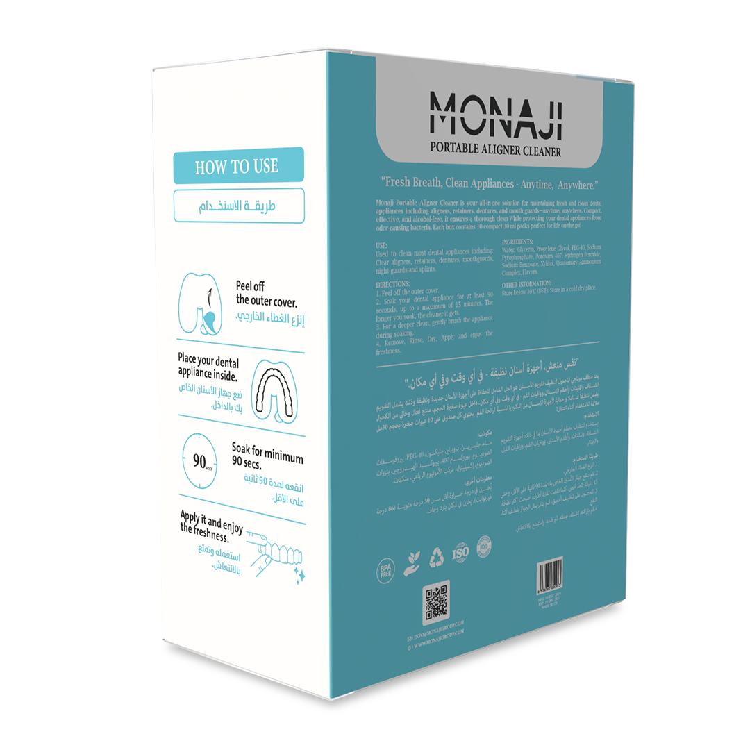 منظف الأجهزة السنية المحمول من Monaji 30 مل | علبة 10 كبسولات | Monaji Portable Aligner Cleaner 30ml Pods | Box of 10 | صورة المنتج 3 / Product image 3