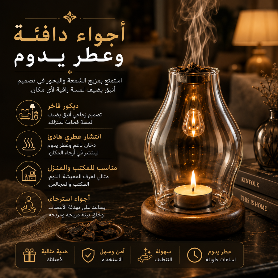مبخرة زجاجية فاخرة - ناشر عود وبخور مع إضاءة شمعة هادئة | Luxurious Glass Incense Burner - Oud and Bakhour Diffuser with Soft Candlelight | صورة المنتج 6 / Product image 6