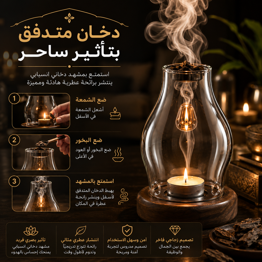 مبخرة زجاجية فاخرة - ناشر عود وبخور مع إضاءة شمعة هادئة | Luxurious Glass Incense Burner - Oud and Bakhour Diffuser with Soft Candlelight | صورة المنتج 5 / Product image 5