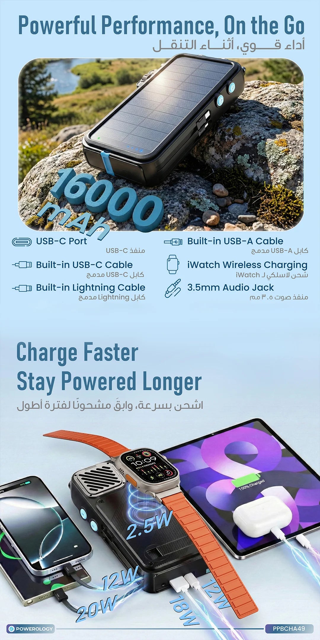 Powerology 16000mAh Solar Power Bank with Fm Radio Speaker and Lights Black – image 12