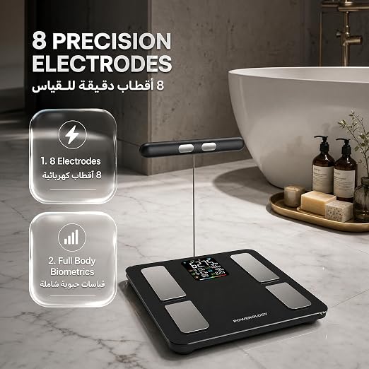 مقياس ذكي لاسلكي من باورولوجي مع بلوتوث، مقياس نسبة الدهون في الجسم مع 8 أقطاب كهربائية | Powerology Smart Scale with Bluetooth, Body Fat Scale with 8-Electrode | صورة المنتج 4 / Product image 4