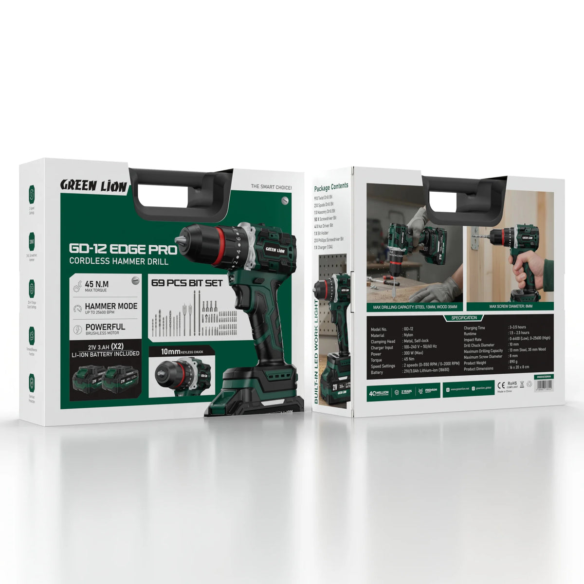 Green Lion GD-12 EDGEPRO Cordless Hammer Drill 2*21 V 3.0 Ah Battery – image 2