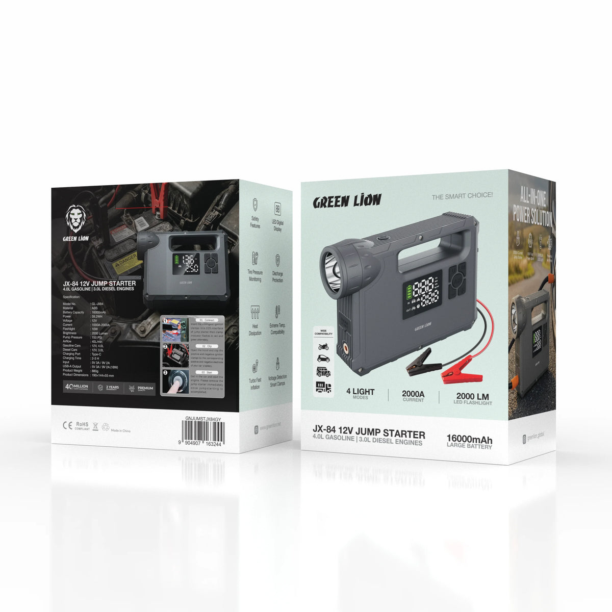 Green Lion JX-8412 VJump Starter-4 LGasoline,3 L Diesel Engines,16000 m Ah - Grey – image 11