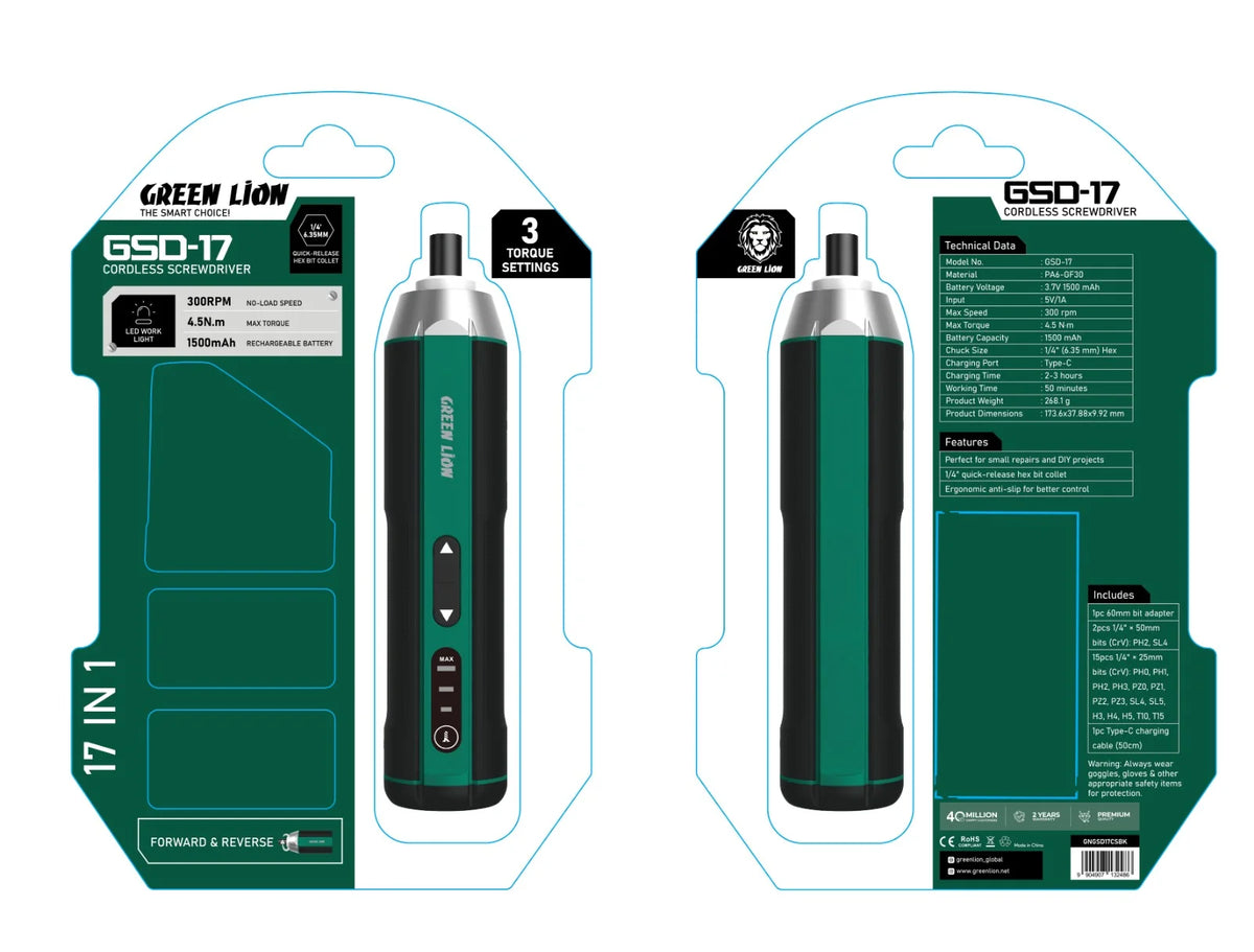 Green Lion GSD-17 Cordless 17 IN 1 Screwdriver Set-3.7 V 1500 m Ah - Black – image 8