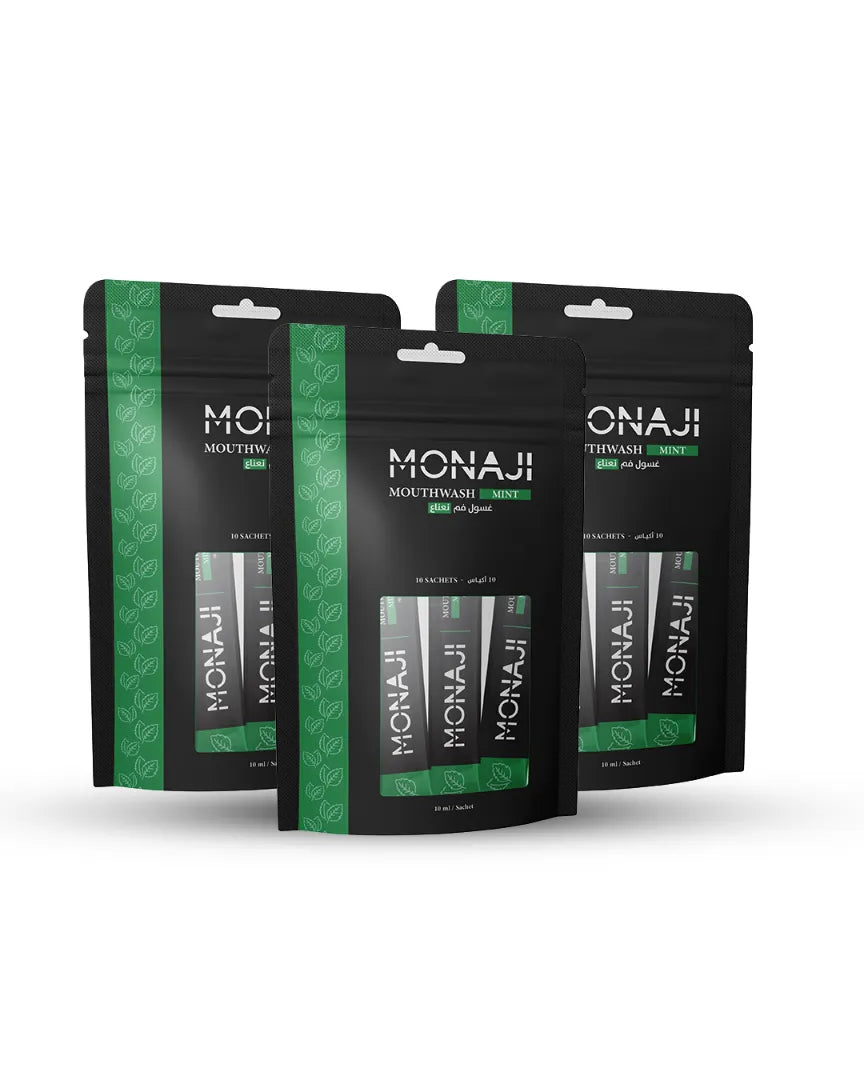 Fresh Trio - 3 علب غسول فم Monaji بالنعناع | 30 كيس | Fresh Trio – 3 Packs Monaji Mint Mouthwash | 30 Sachets