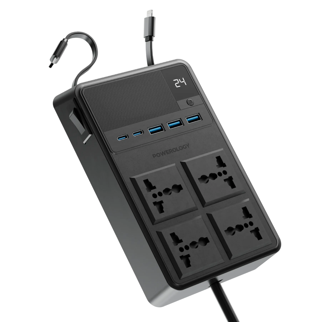 Powerology 2500w 4 AC Power Strip with Built in Retractable Cables Black