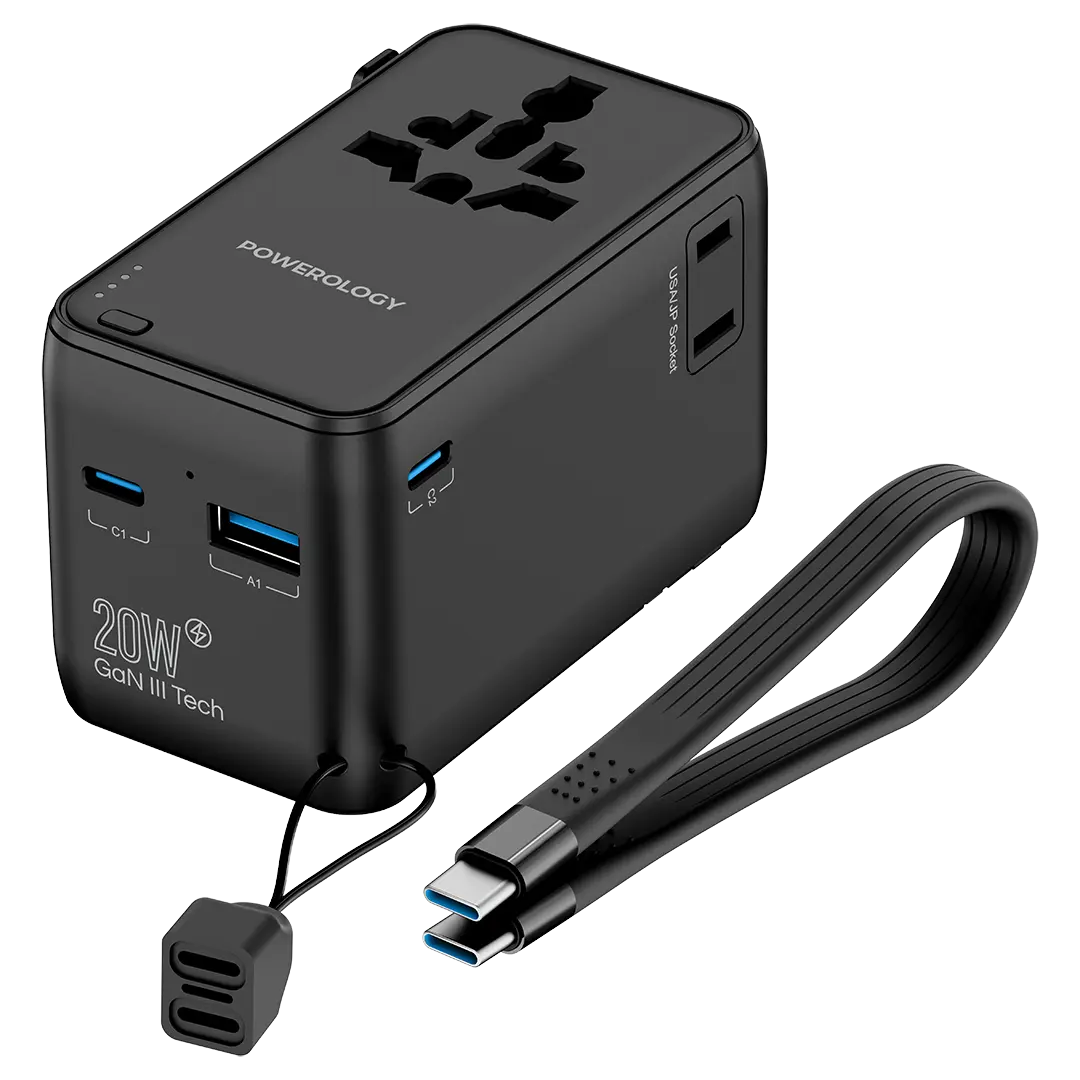 Powerology 2500w Universal Travel Adapter with 4000mAh Power Bank Black