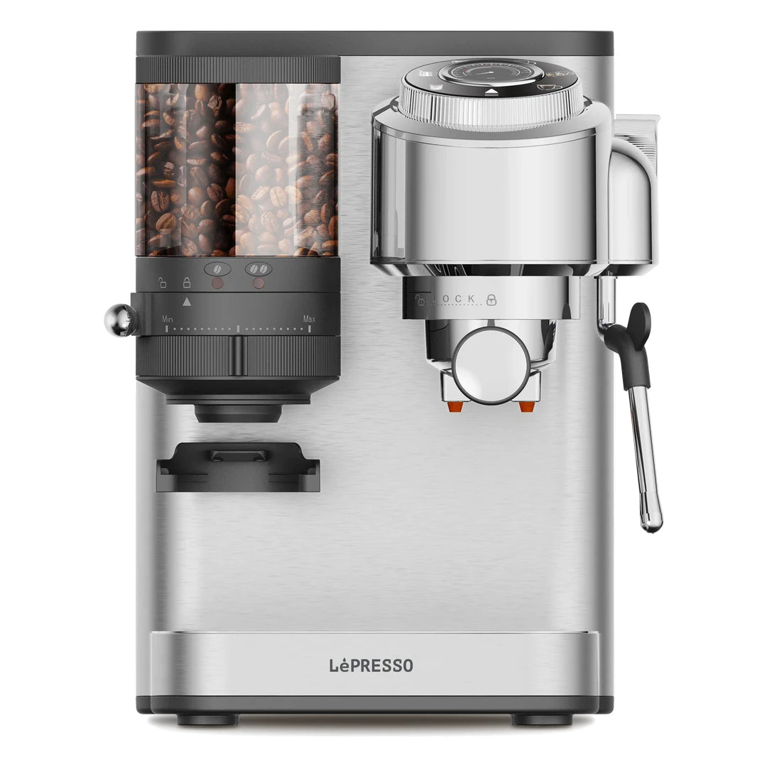 LePresso Ilburrone 20 Bar Italian Pump Coffee Machine with Bean Grinder and Steam Wand Silver