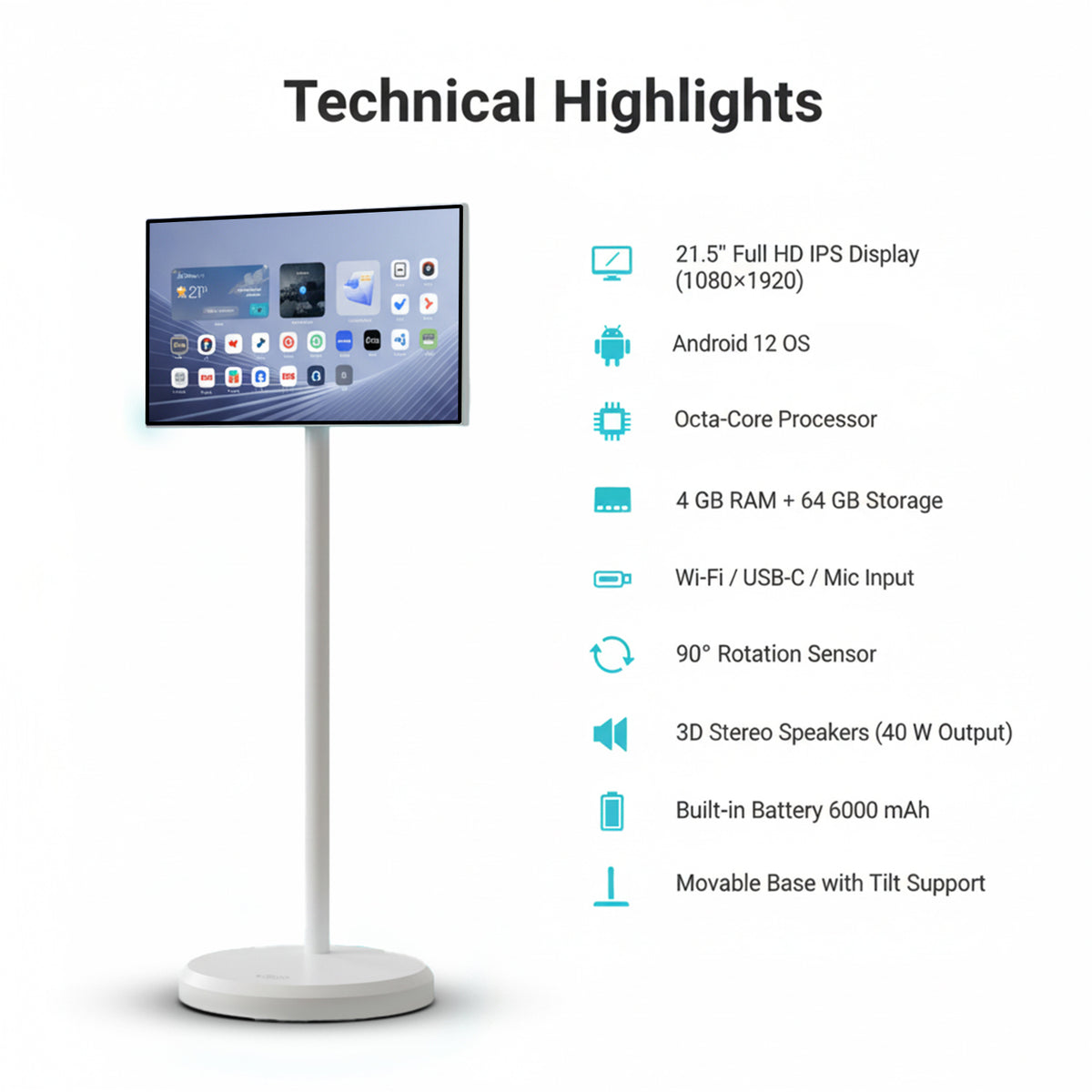 شاشة متنقلة اندرويد لمس ذكية تكتك مع ستاند مدمج 21.5 بوصة Taktik Floor Standing Smart Screen | Taktik Floor Standing Smart Android Touch Screen with Built-in Stand, 21.5-inch | صورة المنتج 11 / Product image 11