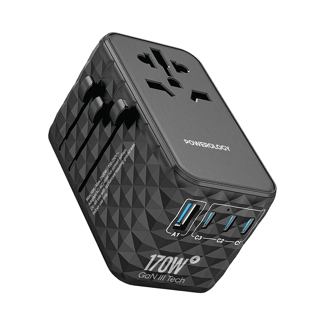 Powerology Gan 170w Universal Charger with 4 Ports Fast Charging AC Black