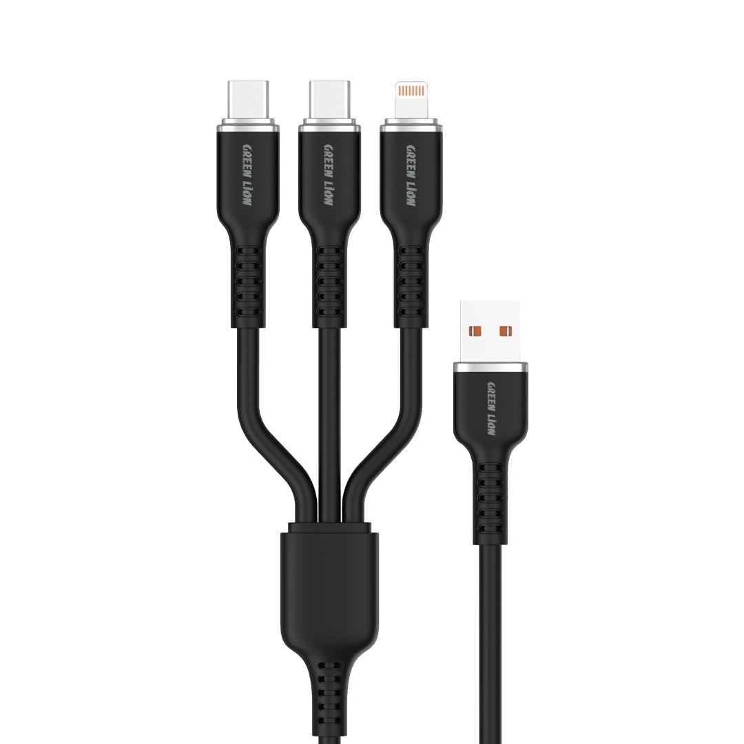 Green Lion 3in1 Silicone Cable USB A to USB Cx2 and Lightning Black
