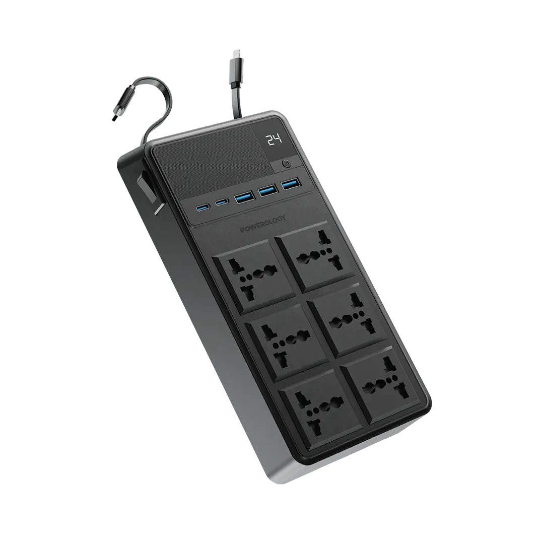 Powerology 2500w 6ac Power Strip with Built in Retractable Cables Black