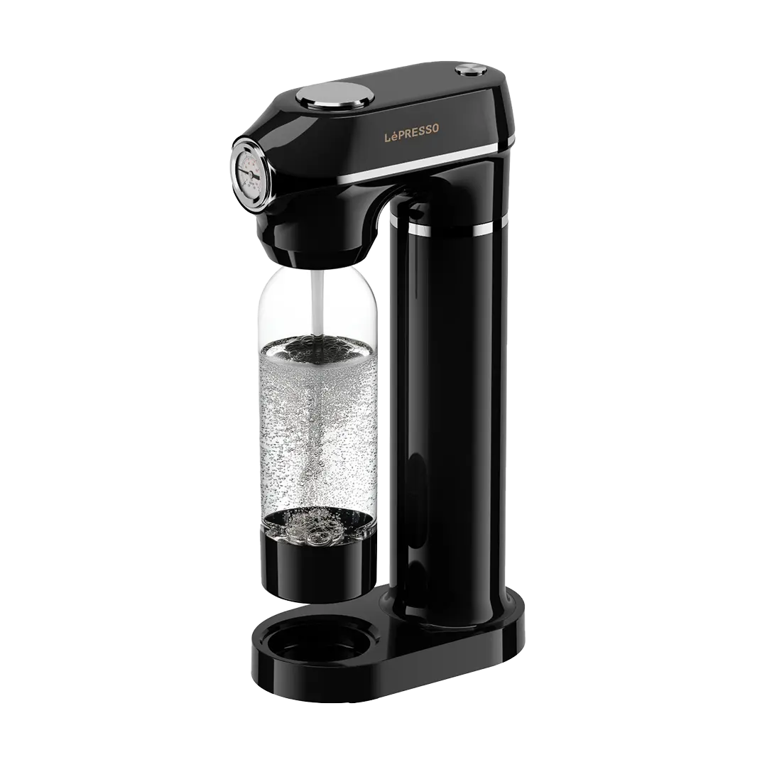LePresso Carbonator Instant Sparkling Water with Pressure Gauge Efficient Carbonation Black