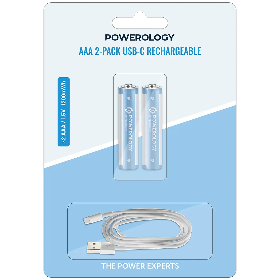 Powerology Aaa 2 Pack USB C Rechargeable White Blue