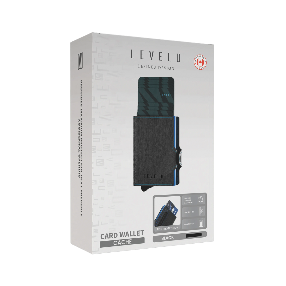 محفظة جلد طبيعي ليفيلو Cache – ثماني فتحات بطاقات – تفاصيل المنتج والعبوة