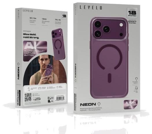 كفر ليفيلو NEON بأزرار ميكانيكية لآيفون 18 برو وبرو ماكس – تفاصيل المنتج والعبوة