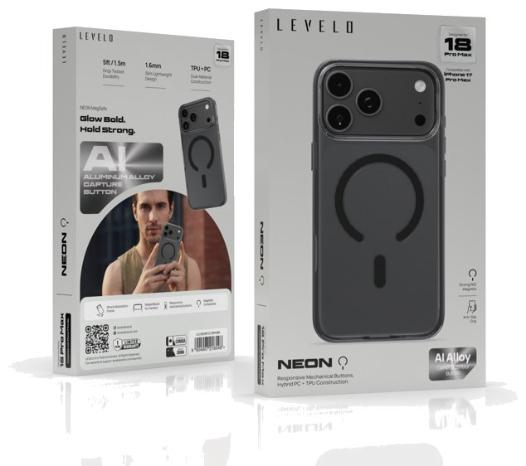 كفر ليفيلو NEON بأزرار ميكانيكية لآيفون 18 برو وبرو ماكس – تفاصيل المنتج والعبوة