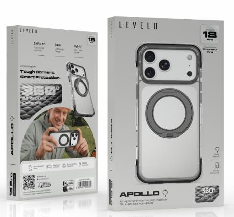 كفر ليفيلو APOLLO بحامل دوار لآيفون 18 برو وبرو ماكس – تفاصيل المنتج والعبوة