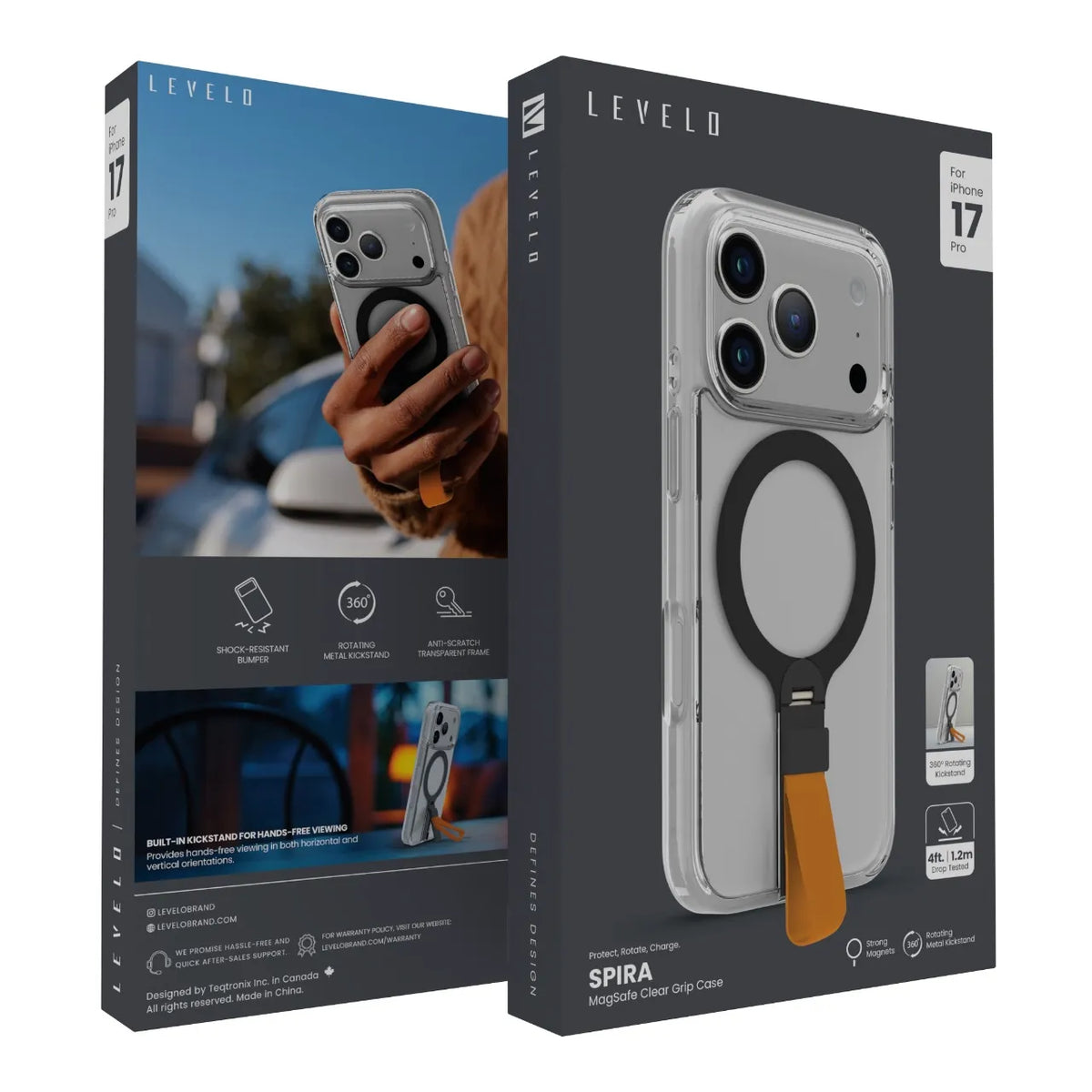 كفر ليفيلو Spira Grip بحامل دوار لآيفون 17 برو وبرو ماكس – تفاصيل المنتج والعبوة