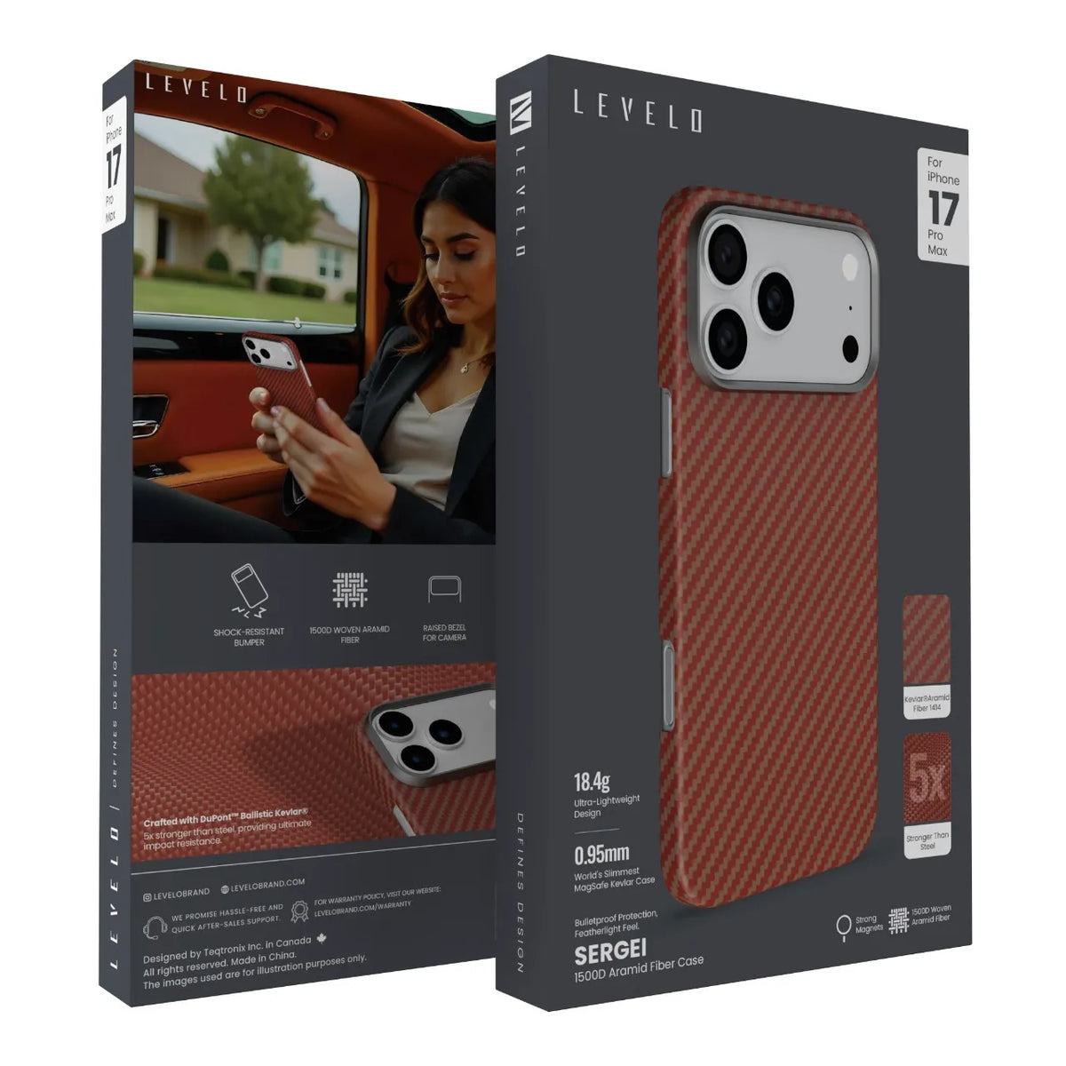 كفر ليفيلو Sergei من ألياف الأراميد لآيفون 17 برو وبرو ماكس – تفاصيل المنتج والعبوة