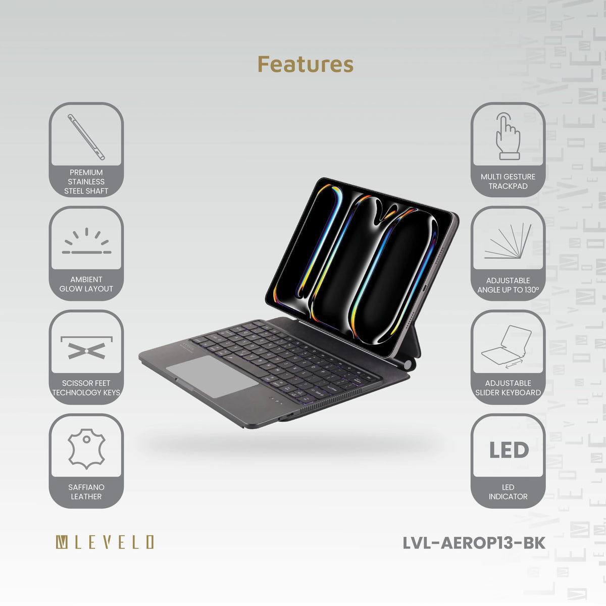 لوحة مفاتيح لاسلكية ليفيلو AeroBoard Pro لآيباد برو 2024 – أسود – تفاصيل المنتج والعبوة