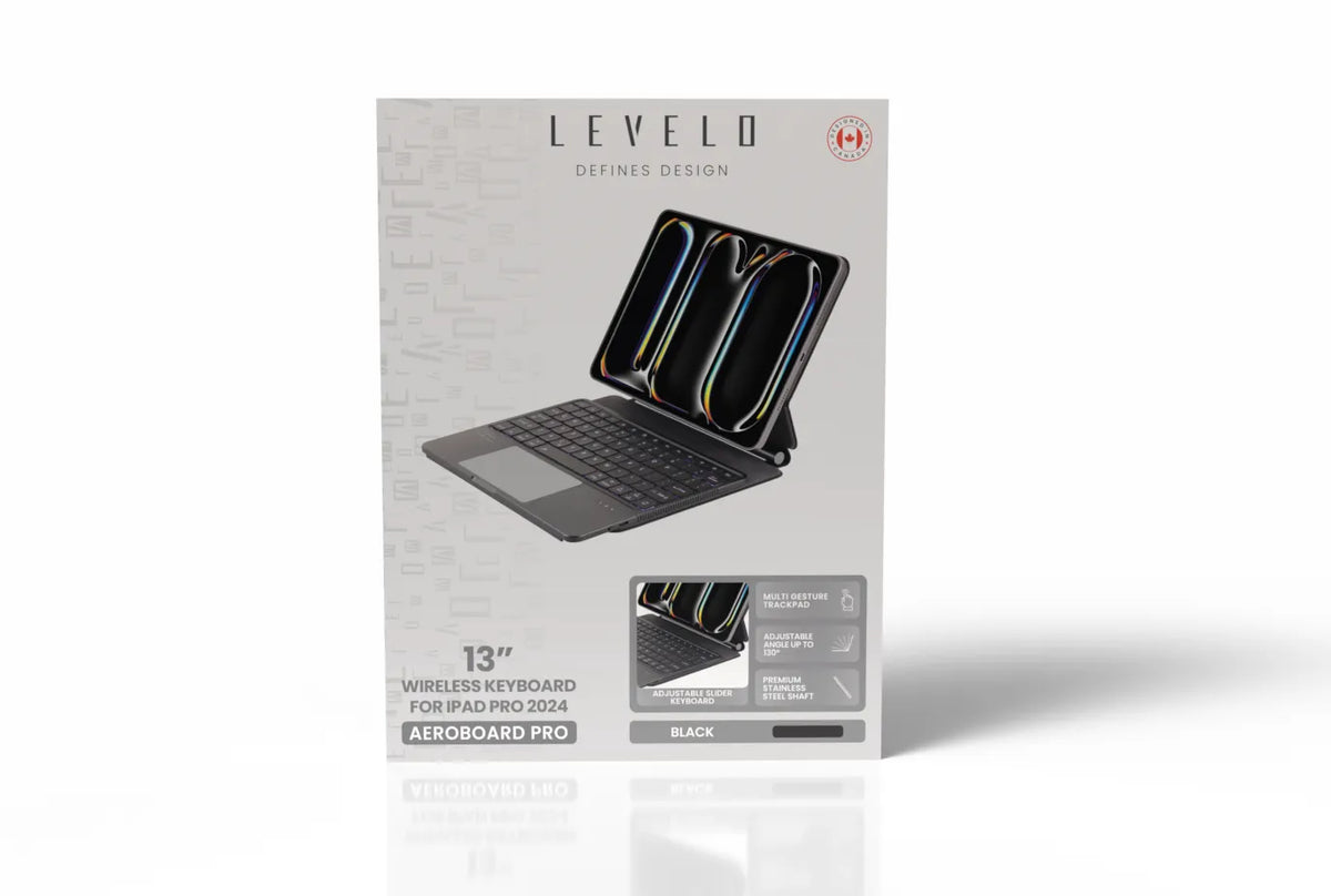 لوحة مفاتيح لاسلكية ليفيلو AeroBoard Pro لآيباد برو 2024 – أسود – تفاصيل المنتج والعبوة