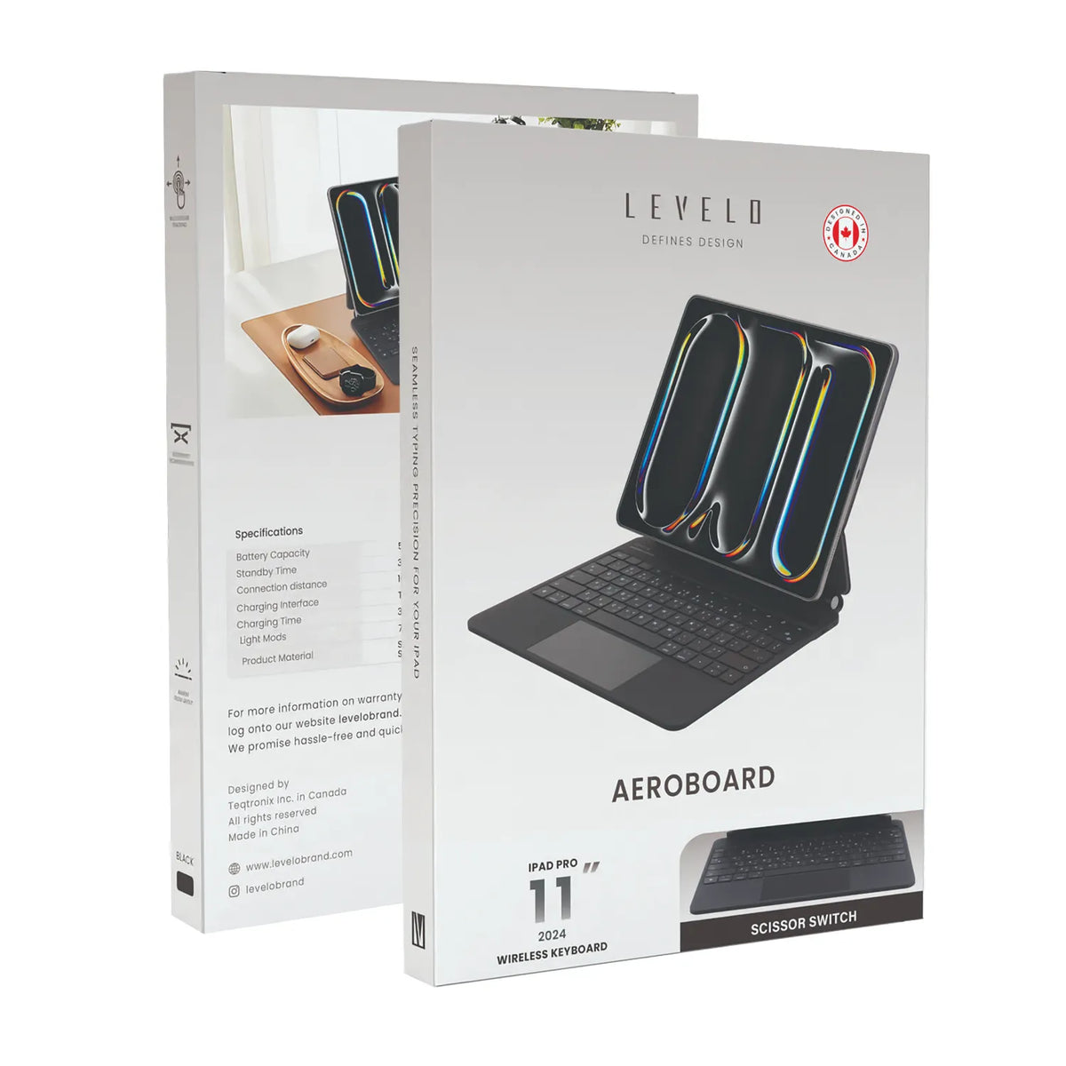 لوحة مفاتيح ليفيلو AeroBoard اللاسلكية لآيباد Pro ‏2024 – أسود – تفاصيل المنتج والعبوة