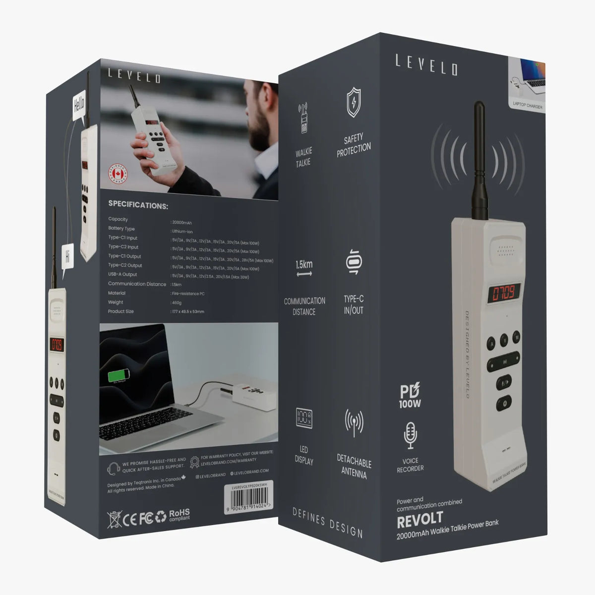 باور بانك ليفيلو Revolt سعة 20000mAh بقدرة 100W مع اتصال لاسلكي – أبيض – تفاصيل المنتج والعبوة