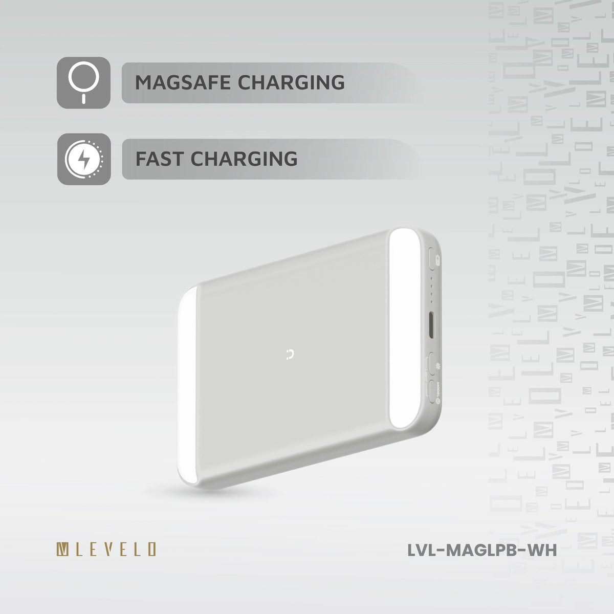 باور بانك ليفيلو MagLight سعة 8000 mAh بقدرة 20 W مع إضاءة تصوير – أبيض – تفاصيل المنتج والعبوة