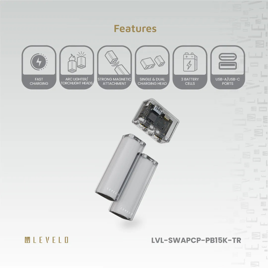 باور بانك ليفيلو SwapCell Pro بسعة إجمالية 15000 mAh ورؤوس قابلة للتبديل – شفاف – تفاصيل المنتج والعبوة