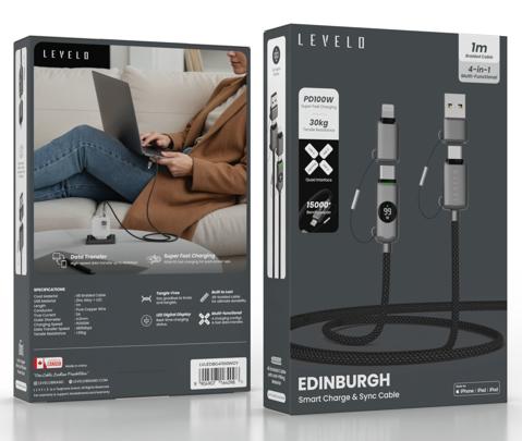 كابل ليفيلو Edinburgh ‏4 في 1 حتى 100 واط مع شاشة LED – متر – تفاصيل المنتج والعبوة