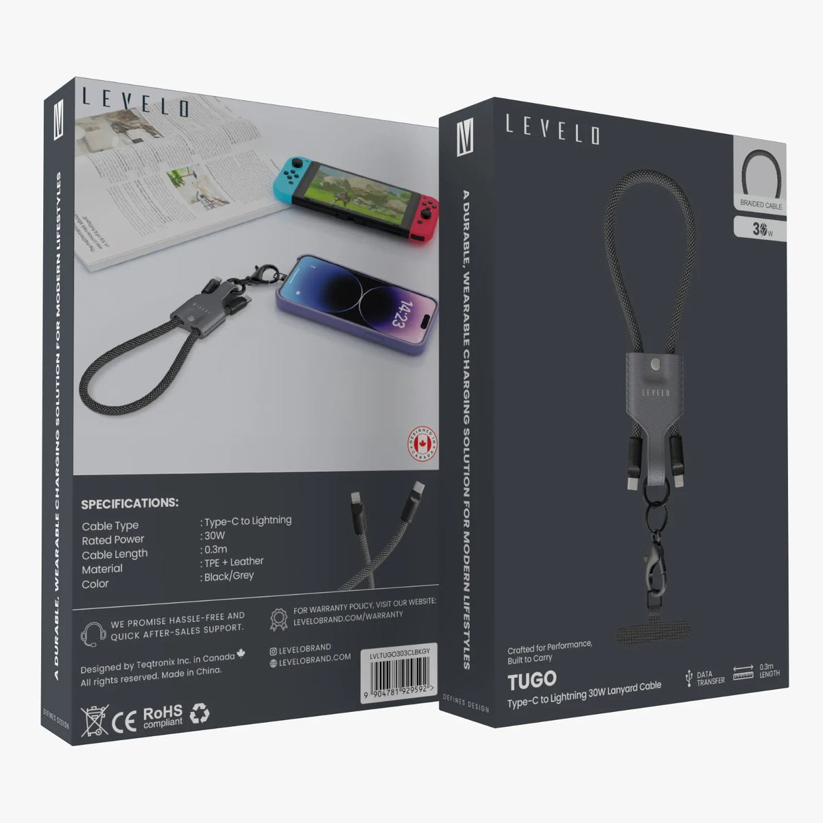 كابل حمل ليفيلو Tugo من USB-C إلى Lightning بقدرة 30 واط – 0.3 متر – تفاصيل المنتج والعبوة