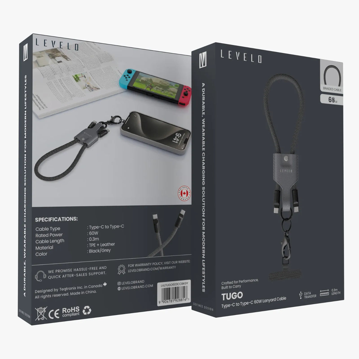 كابل حمل ليفيلو Tugo من USB-C إلى USB-C بقدرة 60 واط – 0.3 متر – تفاصيل المنتج والعبوة