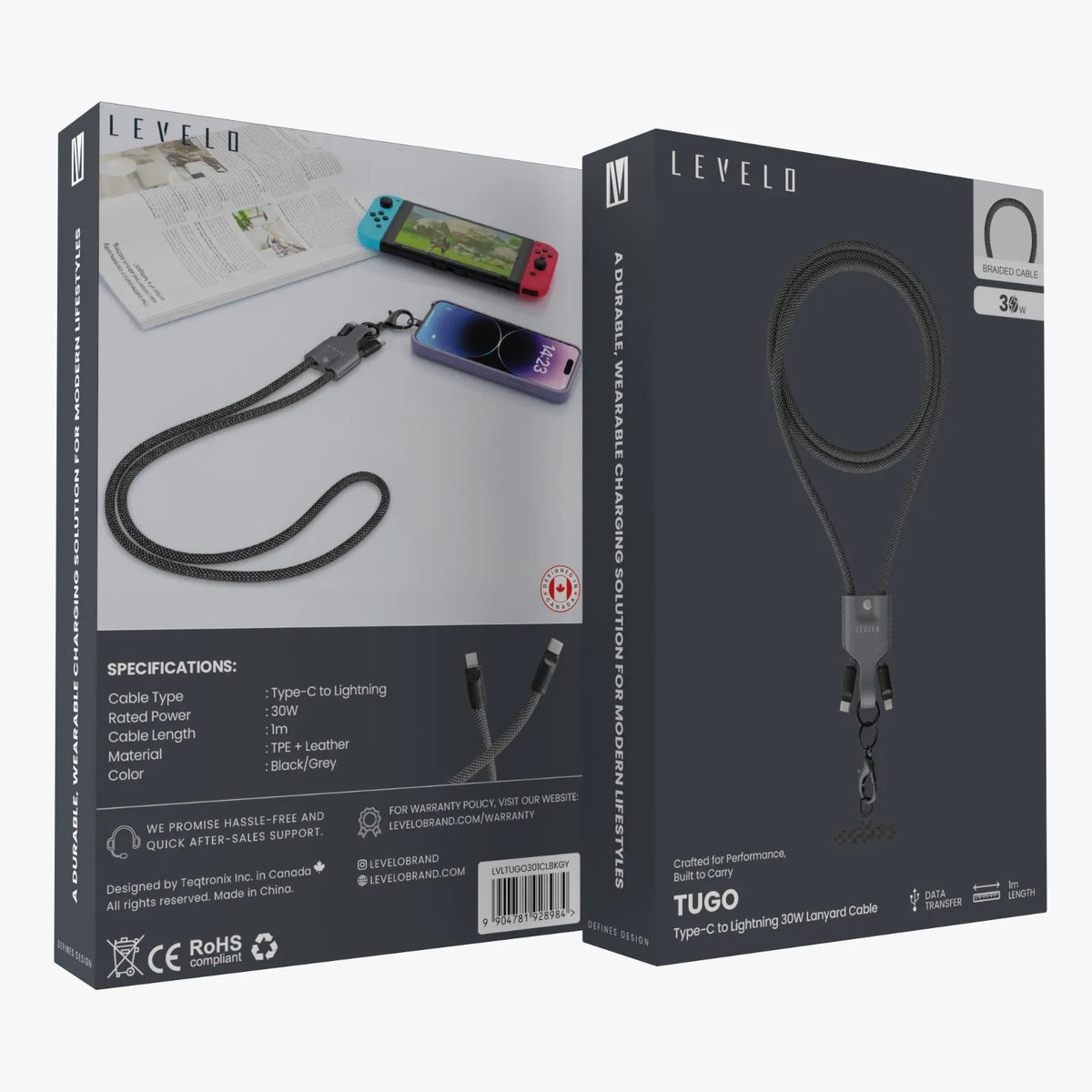 كابل حمل ليفيلو Tugo من USB-C إلى Lightning بقدرة 30 واط – 1 متر – تفاصيل المنتج والعبوة