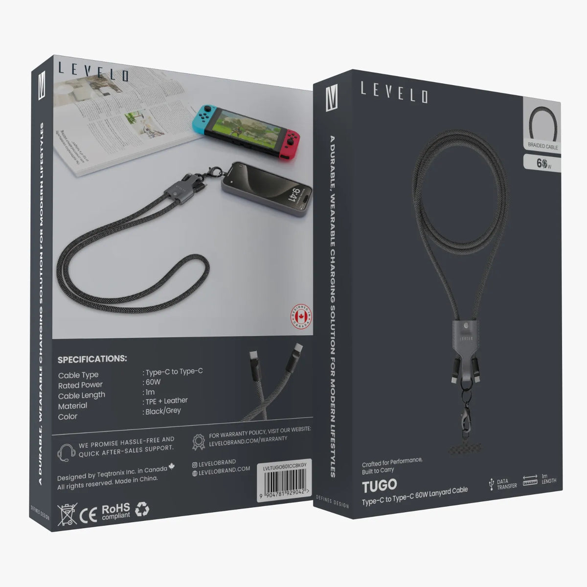 كابل حمل ليفيلو Tugo من USB-C إلى USB-C بقدرة 60 واط – 1 متر – تفاصيل المنتج والعبوة