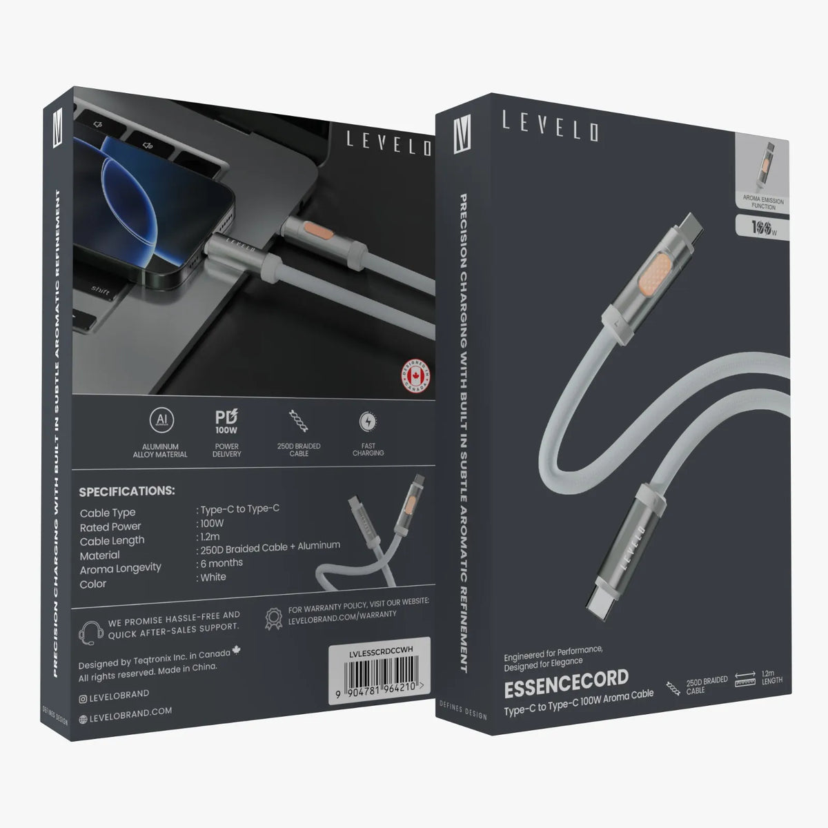 كابل ليفيلو Essencecord مع خاصية عطرية من USB-C إلى USB-C – 100 واط – تفاصيل المنتج والعبوة