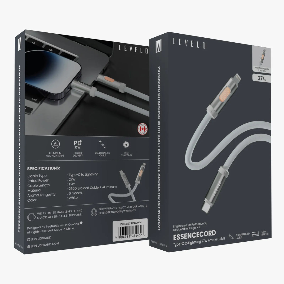 كابل ليفيلو Essencecord مع خاصية عطرية من USB-C إلى Lightning – 27 واط – تفاصيل المنتج والعبوة