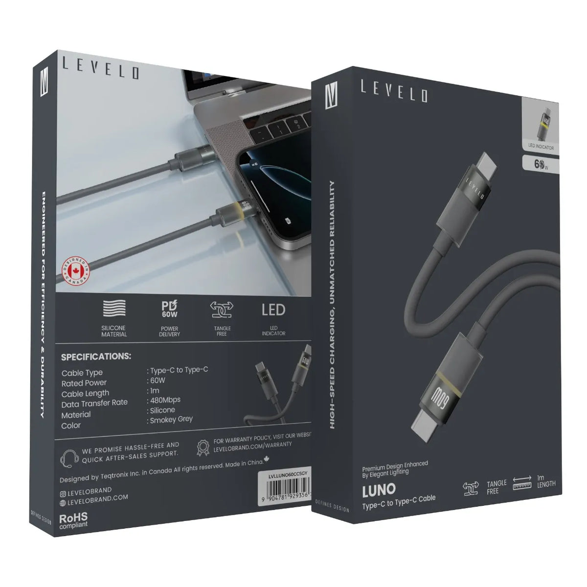 كابل ليفيلو Luno من USB-C إلى USB-C بقدرة 60 واط – متر واحد – تفاصيل المنتج والعبوة