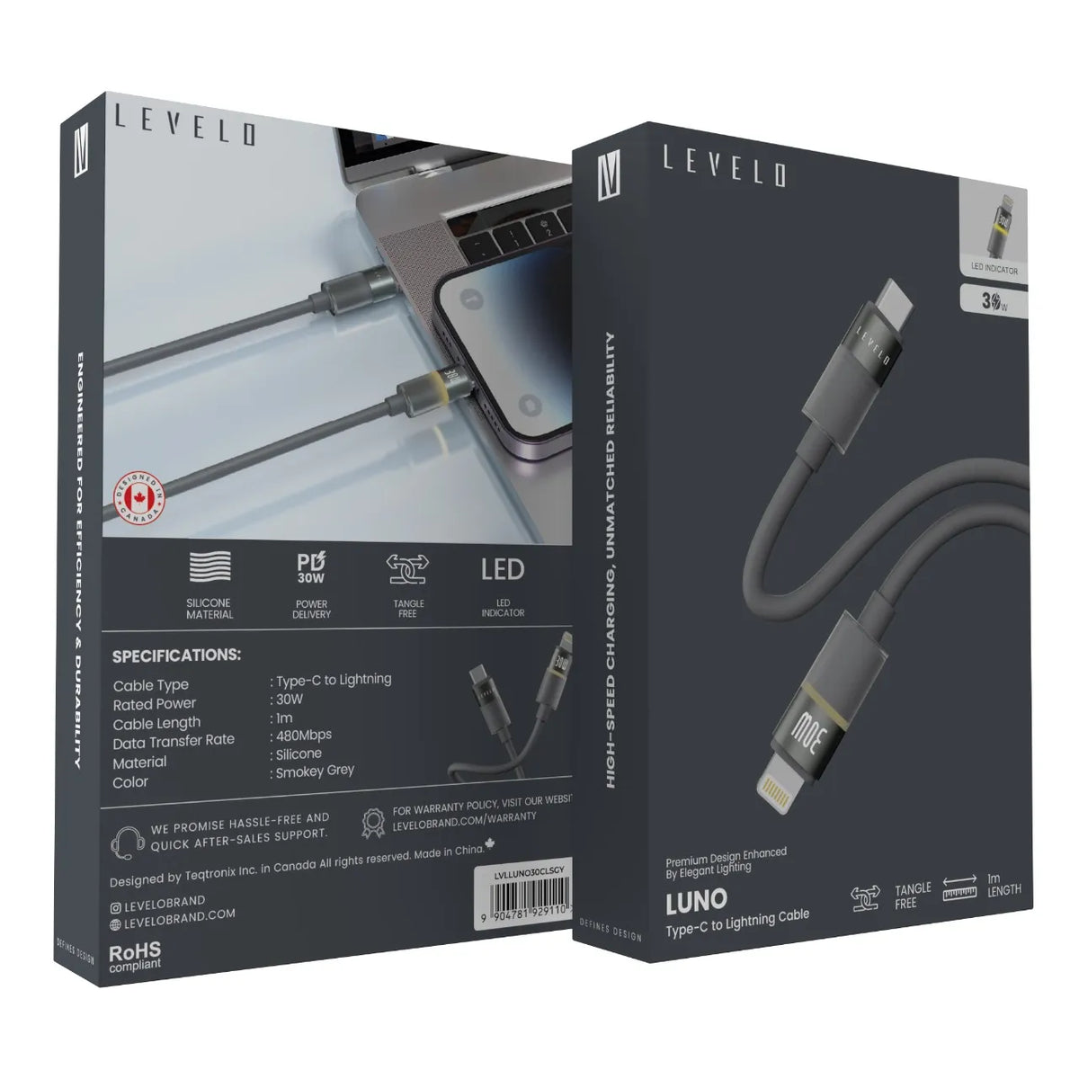 كابل ليفيلو Luno من USB-C إلى Lightning بقدرة 30 واط – متر واحد – تفاصيل المنتج والعبوة