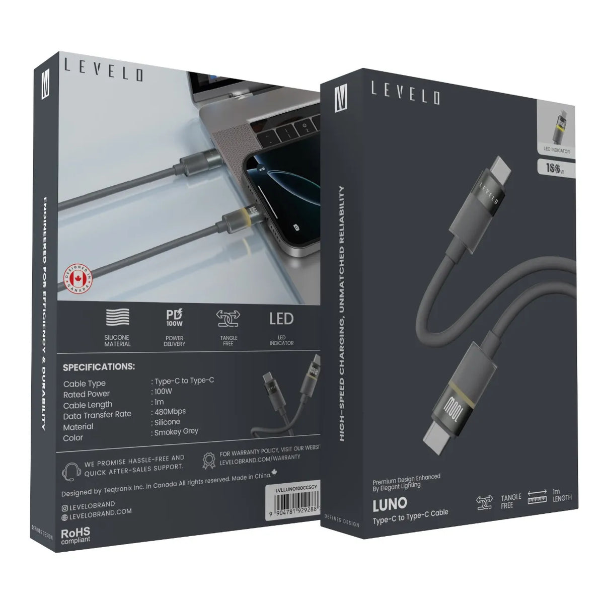 كابل ليفيلو Luno من USB-C إلى USB-C بقدرة 100 واط – متر واحد – تفاصيل المنتج والعبوة