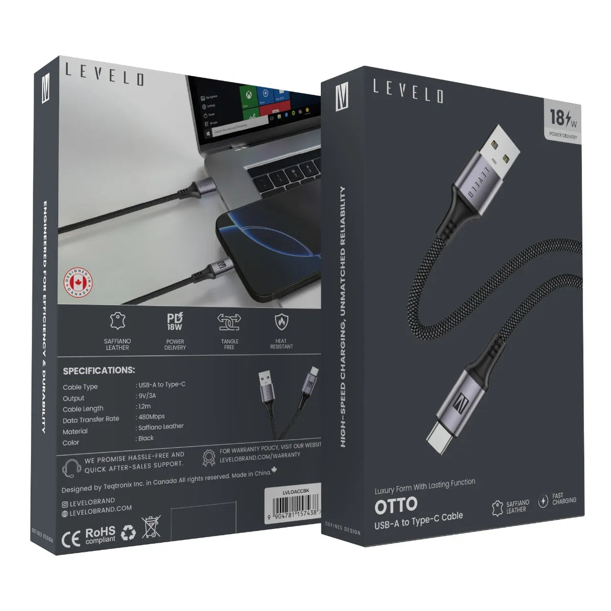كابل ليفيلو Otto من USB-A إلى USB-C بقدرة 18 واط – 1.2 متر – تفاصيل المنتج والعبوة