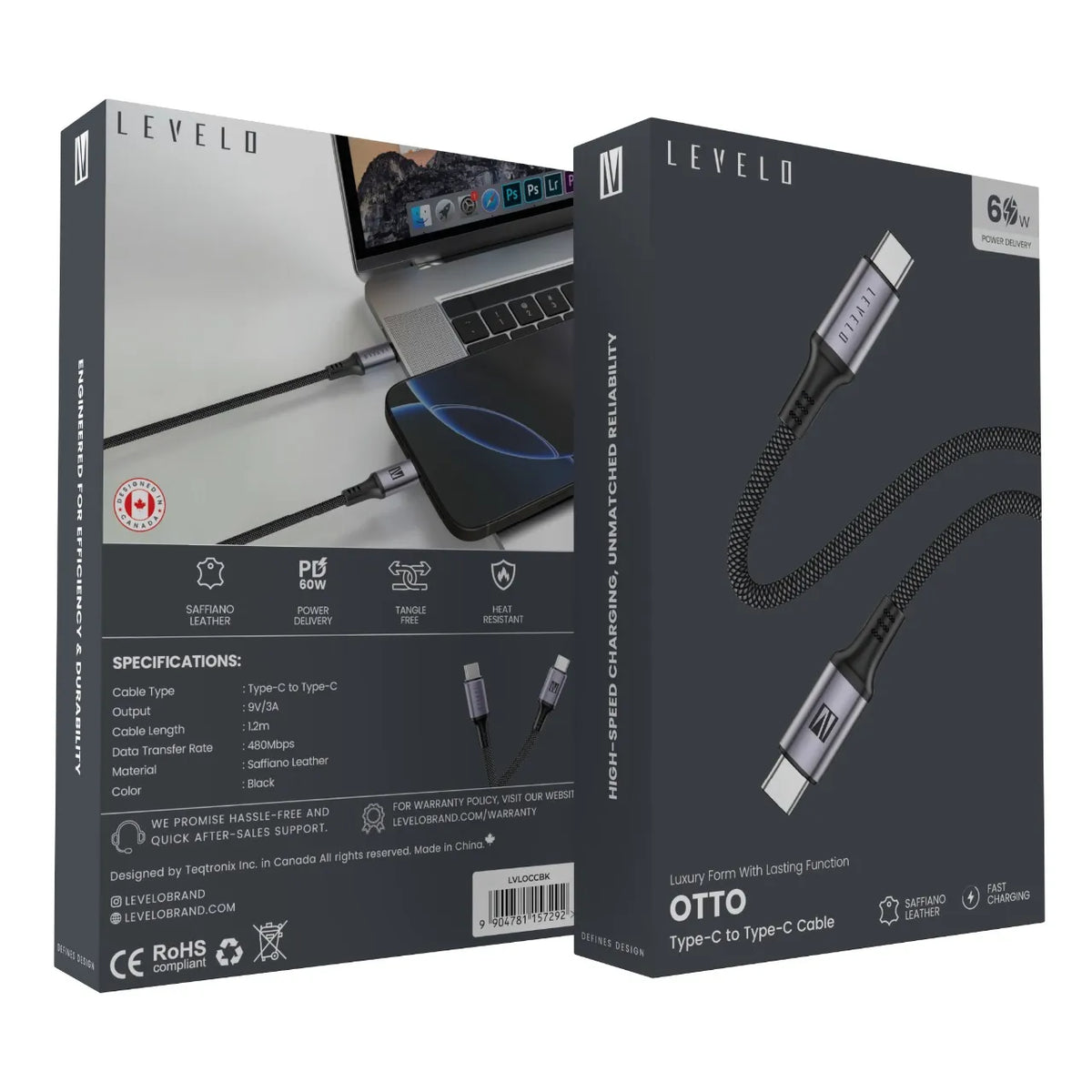 كابل ليفيلو Otto من USB-C إلى USB-C بقدرة 60 واط – 1.2 متر – تفاصيل المنتج والعبوة
