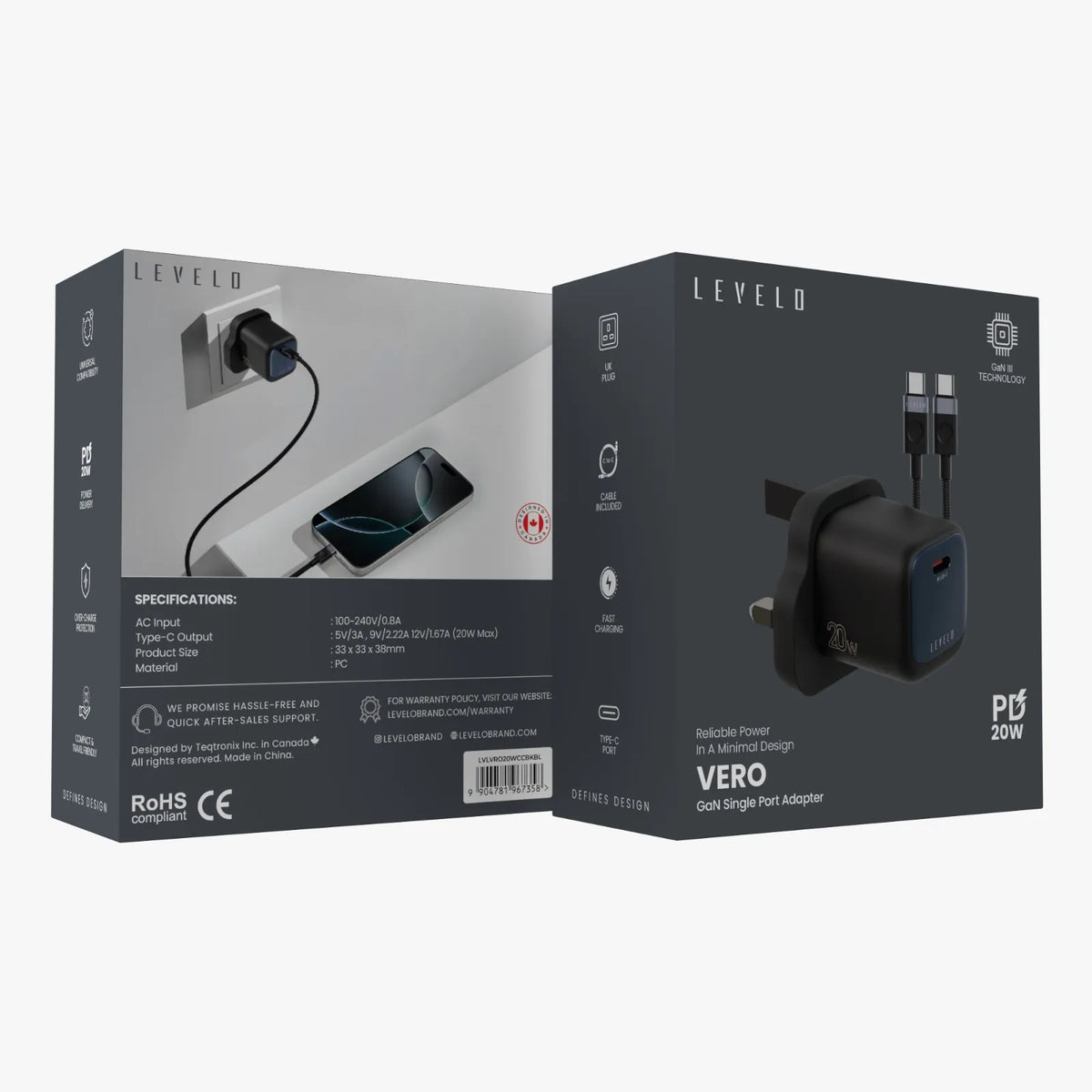 شاحن ليفيلو Vero GaN ‏20 واط بقابس بريطاني مع كابل USB-C إلى USB-C – تفاصيل المنتج والعبوة