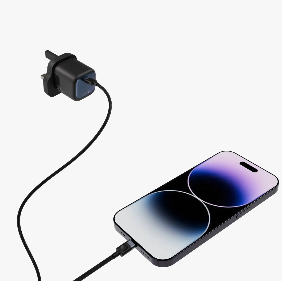 شاحن ليفيلو Vero GaN ‏20 واط بقابس بريطاني مع كابل USB-C إلى USB-C – تفاصيل المنتج والعبوة