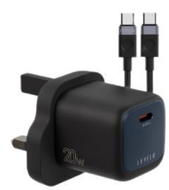 شاحن ليفيلو Vero GaN ‏20 واط بقابس بريطاني مع كابل USB-C إلى USB-C – تفاصيل المنتج والعبوة
