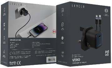 شاحن ليفيلو Vero GaN ‏20 واط بقابس بريطاني مع كابل USB-C إلى Lightning – تفاصيل المنتج والعبوة