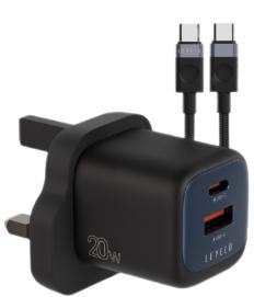 شاحن ليفيلو Vero GaN ‏20 واط بقابس بريطاني مع كابل USB-C إلى USB-C – تفاصيل المنتج والعبوة