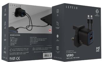 شاحن ليفيلو Vero GaN ‏20 واط بقابس بريطاني مع كابل USB-C إلى USB-C – تفاصيل المنتج والعبوة