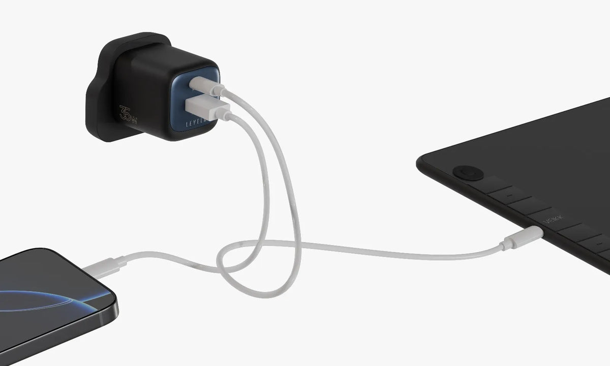 شاحن ليفيلو Vero ‏GaN بقدرة 35 واط ومنفذي USB-C وUSB-A – قابس UK – تفاصيل المنتج والعبوة